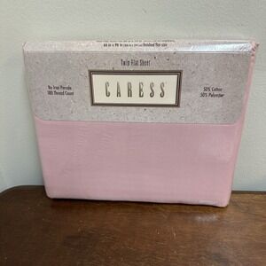 Vtg Caress No Iron Percale Pink Twin Flat Sheet Retro 80's Made USA NEW NOS
